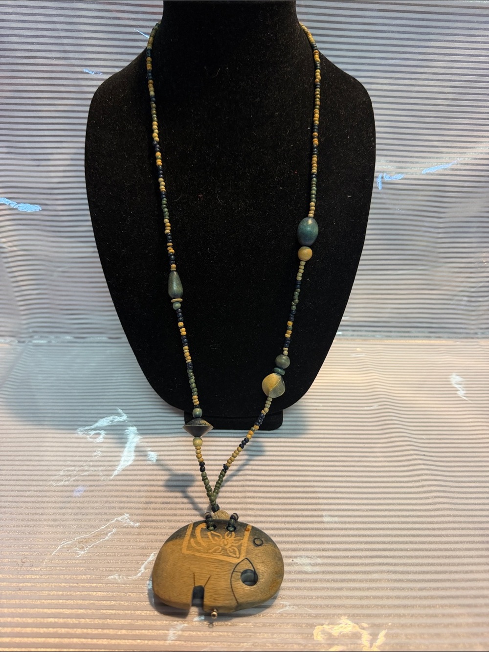 Handmade Green and Tan  Elephant Tribal Pendant Necklace
